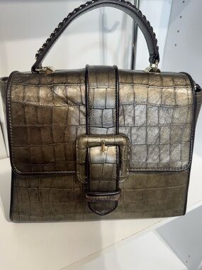 Brahmin ingrd bronze temple Metallic Croc-Embossed Top-Handle Satchel